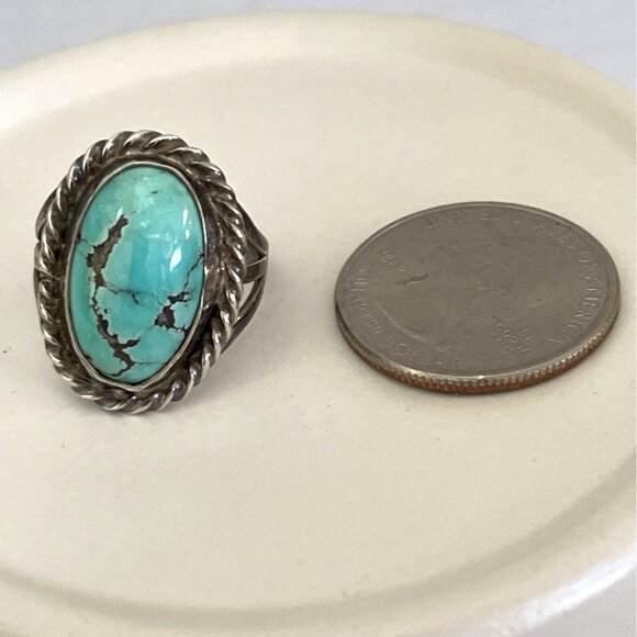 Navajo Silver Turquoise Oval Ring Twisted Rope Native American Size 7 Vintage - Picture 5 of 8